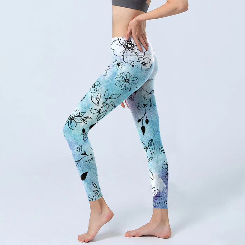 Buddha Stones Black Line-Drawn Flower Leaves Pattern Print Gym Leggings Women's Yoga Pants