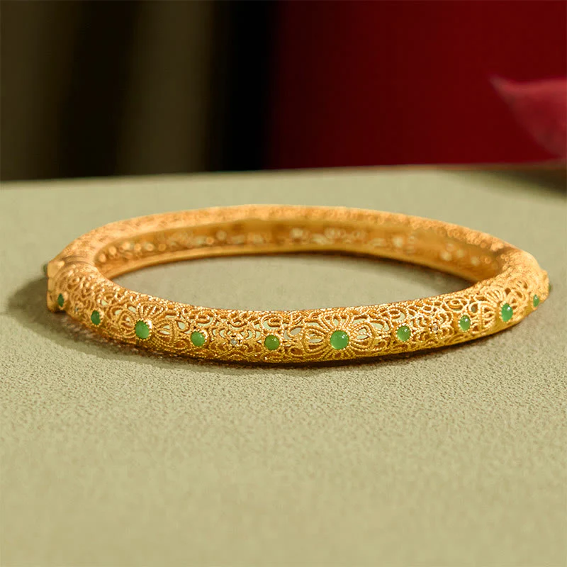 Buddha Stones Hollow Filigree Design Copper Plated Gold Wealth Bracelet Bangle