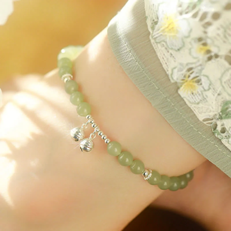 Buddha Stones 925 Sterling Silver Natural Hetian Jade Prosperity Bell Charm Anklet