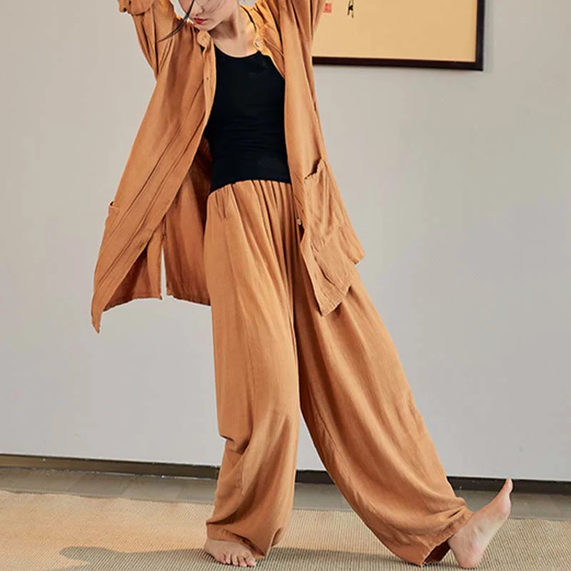Buddha Stones Plain Long Sleeve Coat Jacket Top Wide Leg Pants Zen Tai Chi Yoga Meditation Clothing
