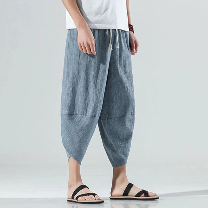 Buddha Stones Plain Simple Design Drawstring 7-8 Length Linen Men's Harem Pants With Pockets