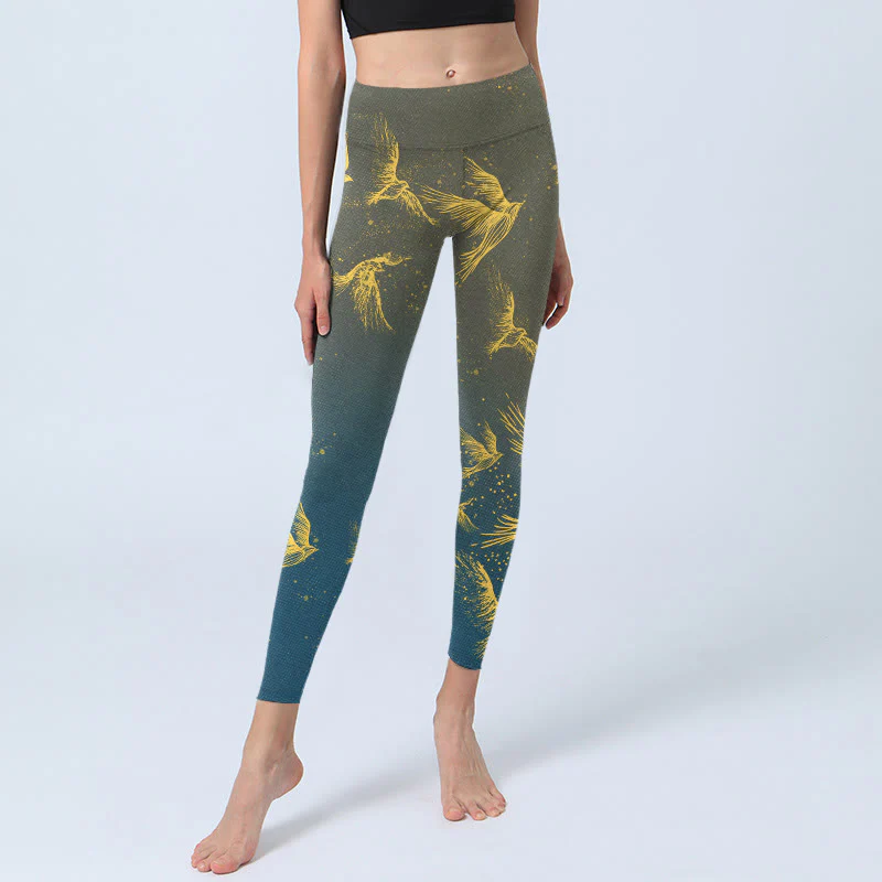Buddha Stones Golden Flying Birds Print Gym Leggings Women's Yoga Pants