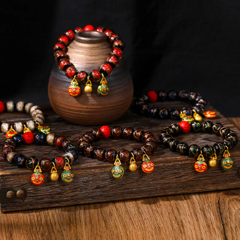 Buddha Stones Gold Swallowing Beast Family Colorful Cinnabar Bead Bracelet