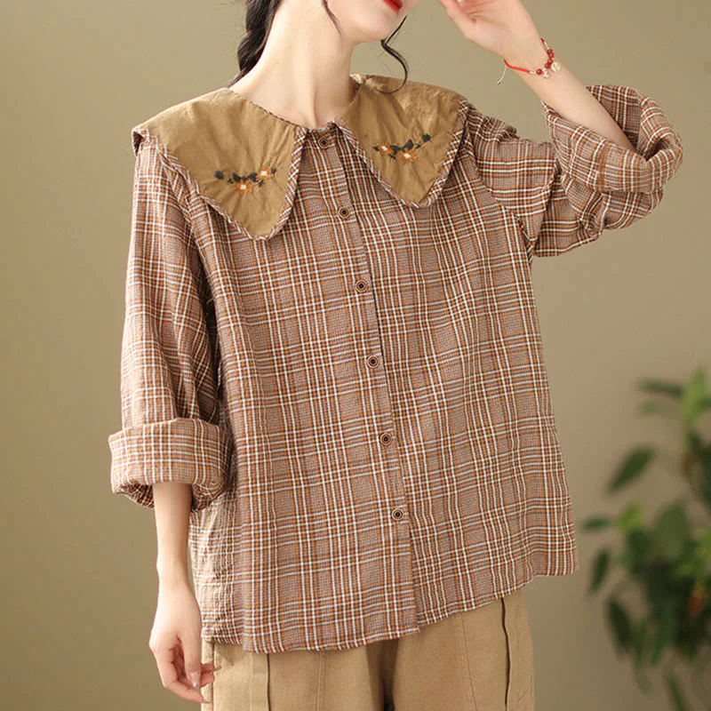 Buddha Stones Embroidered Plaid Pattern Cotton Women's Shirt