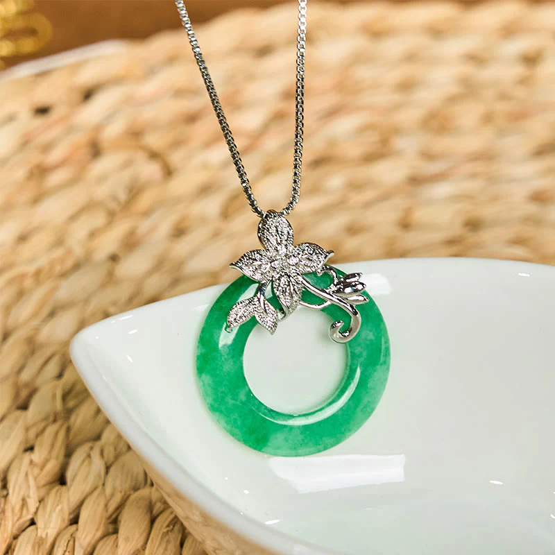 Buddha Stones Cyan Jade Peace Buckle Alloy Flower Healing Luck Necklace Pendant