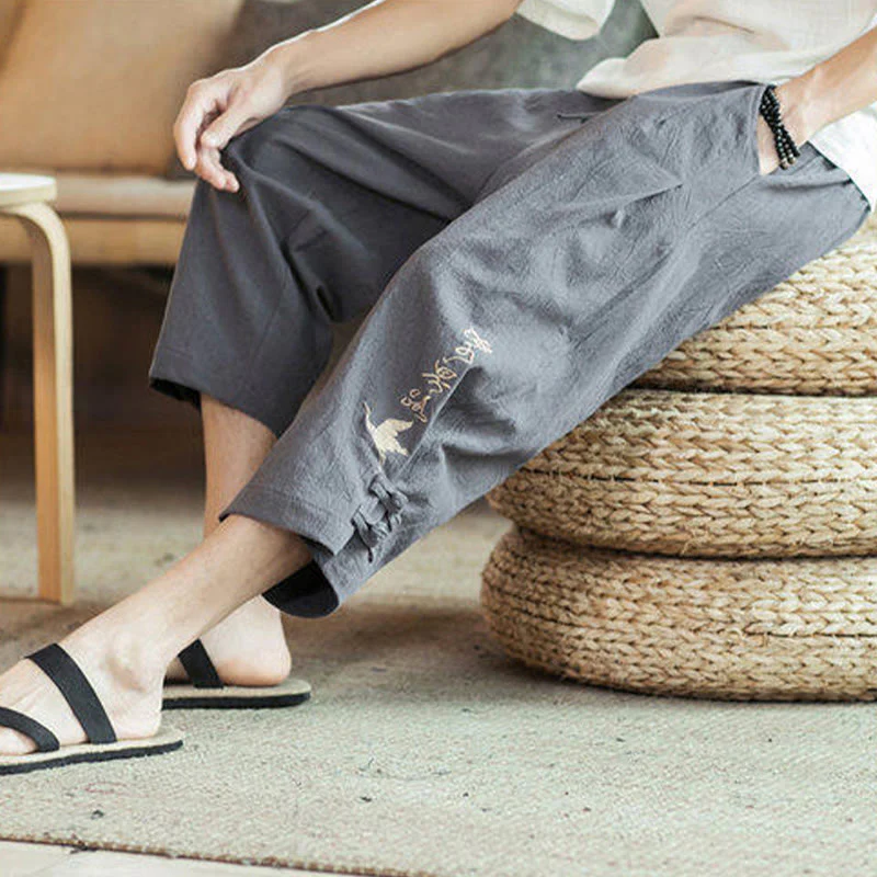 Buddha Stones Crane Embroidery Cotton Men's Cropped Harem Pants With Pockets