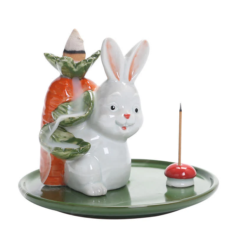 Year of the Rabbit Carrot Mushrooms Rabbit Ceramic Bunny Blessing Incense Burner (Extra 30% Off | USE CODE: FS30)