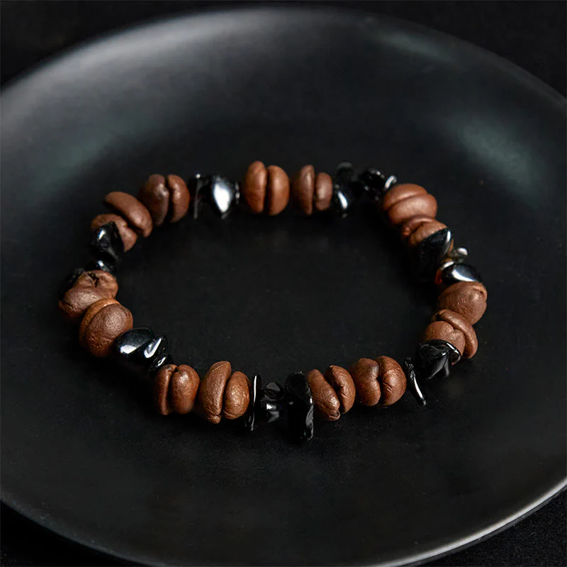 Buddha Stones Natural Coffee Beans Black Obsidian Rutilated Quartz Strength Bracelet