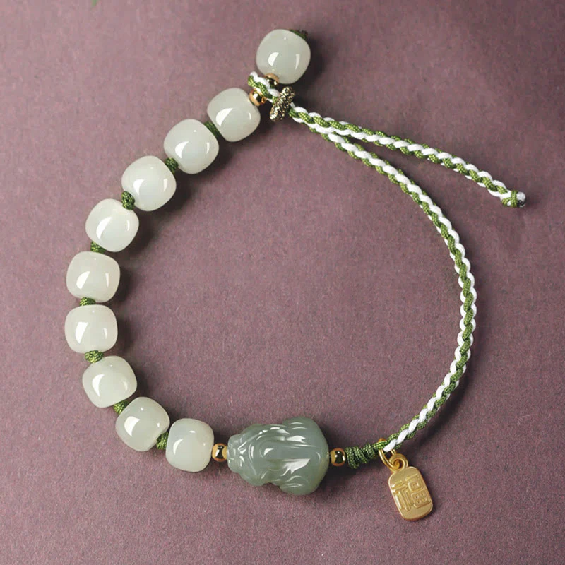 Buddha Stones Natural Hetian Jade PiXiu Luck Fu Character String Bracelet