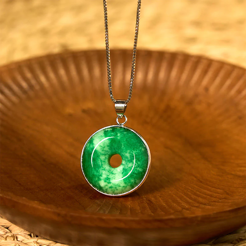 Buddha Stones Natural Cyan Jade Peace Buckle Healing Luck Necklace Pendant