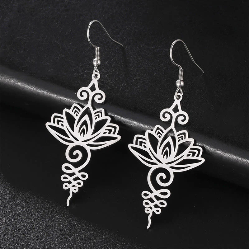 Buddha Stones Hollow Lotus Flower Stainless Steel Enlightenment Metal Drop Earrings