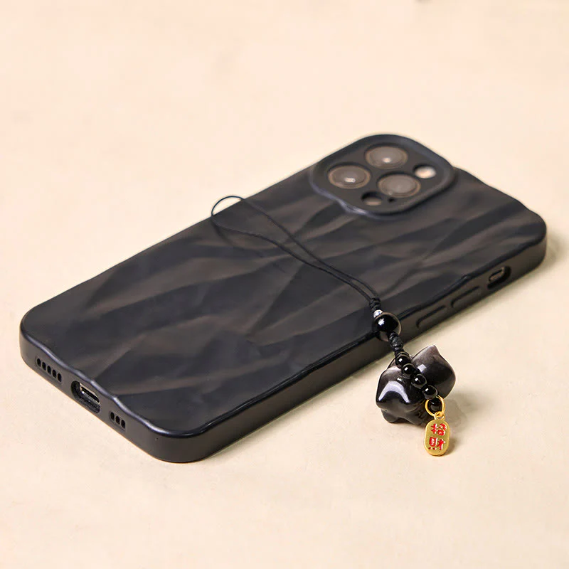 Buddha Stones Silver Sheen Obsidian Black Obsidian Gold Sheen Obsidian Cute Cat Fu Character Protection Key Chain Phone Hanging Decoration