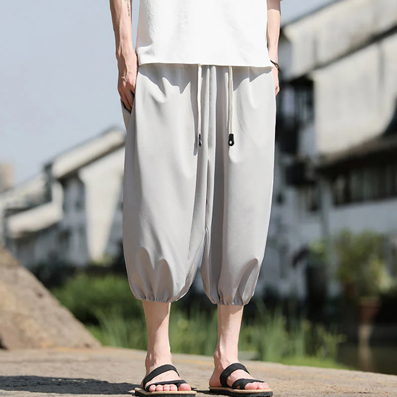 Buddha Stones Solid Drawstring Men's Capri Cropped Harem Pants With Pockets