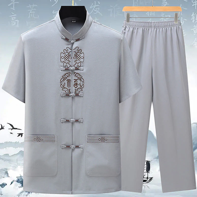Buddha Stones Fu Character Chinese Knotting Embroidery Tang Suit Traditional Short Sleeve Top Pants Clothing Men's Set