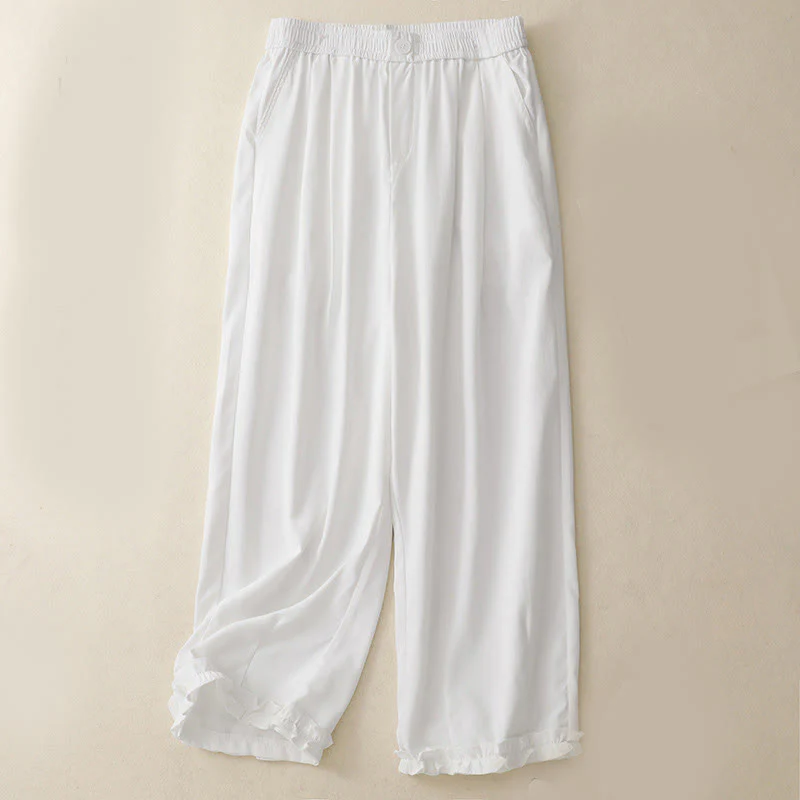 Buddha Stones Summer Button Ruffled Ankle-Length Women's Pants With Pockets