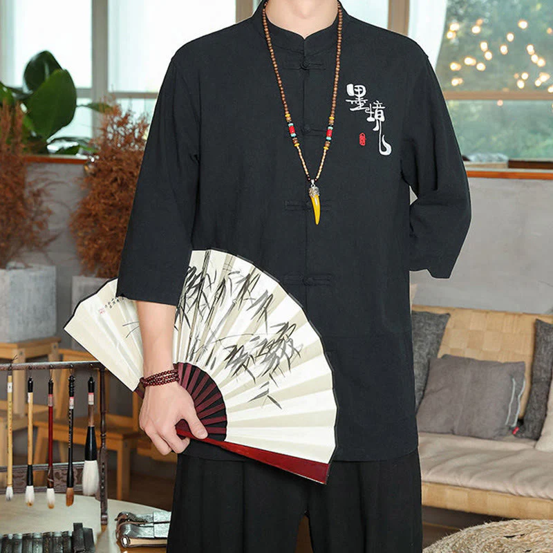 Buddha Stones Frog-Button Chinese Tang Suit Three Quarter Sleeve Cotton Linen Men's Shirt