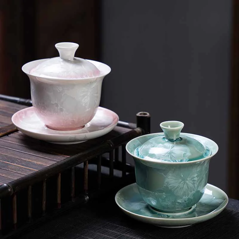 Buddha Stones Traditional Glaze Ceramic Gaiwan Sancai Teacup Kung Fu Tea Cup And Saucer With Lid 180ml