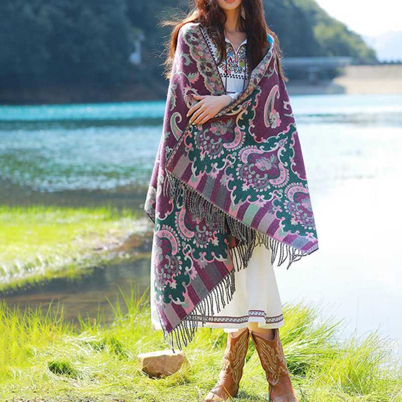 Buddha Stones Tibetan Flowers Leaves Branch Design Tassel Shawl Cozy Travel Scarf Wrap