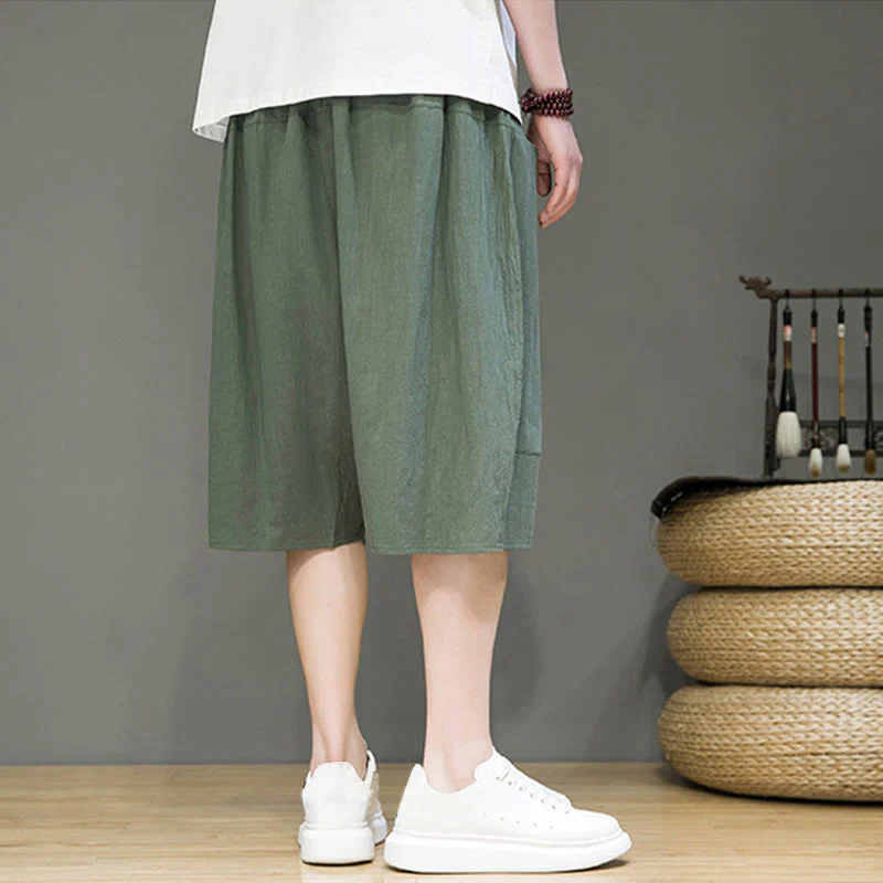 Buddha Stones Casual Drawstring Cotton Linen Men's Capri Harem Pants With Pockets