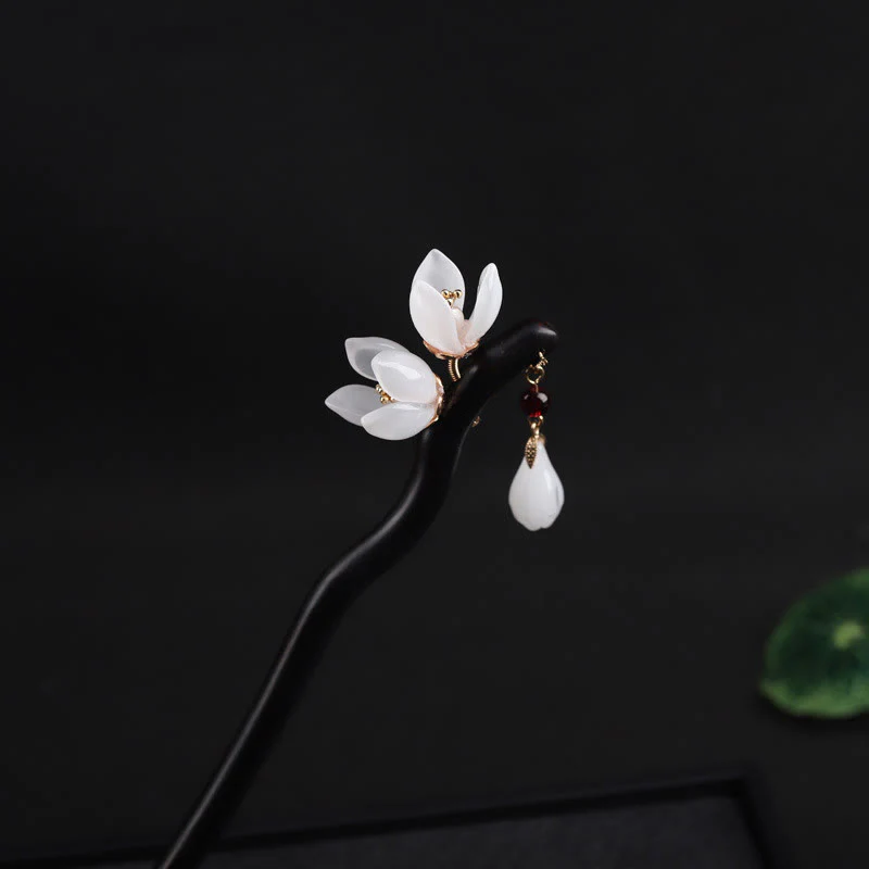 Buddha Stones Ebony Magnolia Flower Petals Blessing Hairpin