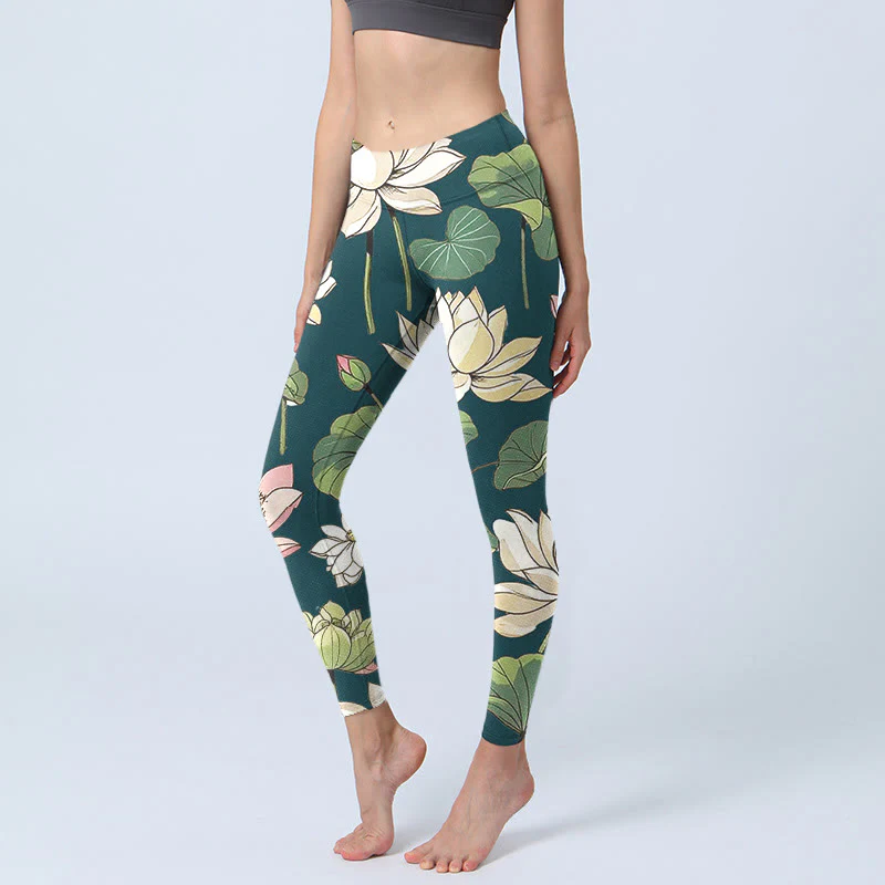 Buddha Stones Beige Pink Lotus Flowers Leaves Print Gym Leggings Women's Yoga Pants