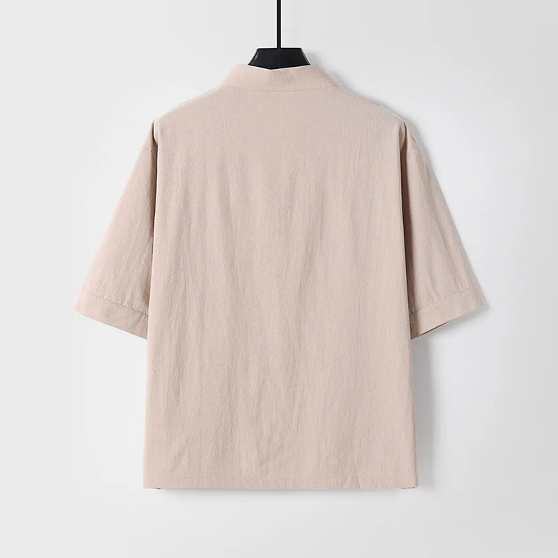 Buddha Stones 2Pcs Summer V-Neck Cotton Shirt Pants With Pockets Men's Meditation Cloth Set