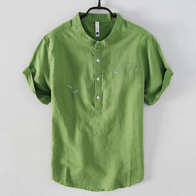 Buddha Stones Soft Embroidery Crane Pattern Stand Collar Cotton Linen Half Button Men's Shirt
