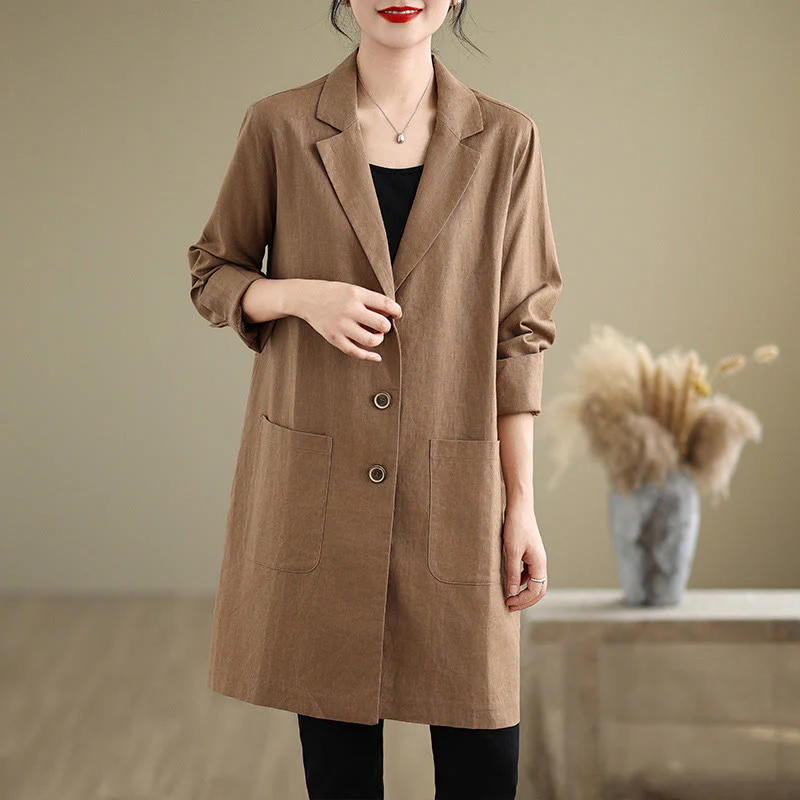 Buddha Stones Casual Fall Buttons Design Lapel Women's Cotton Linen Coat With Pockets