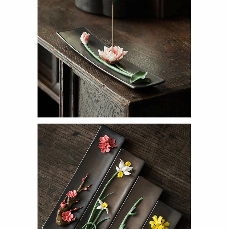 Buddha Stones Lotus Peony Rose Flower Ceramic Spiritual Incense Burner