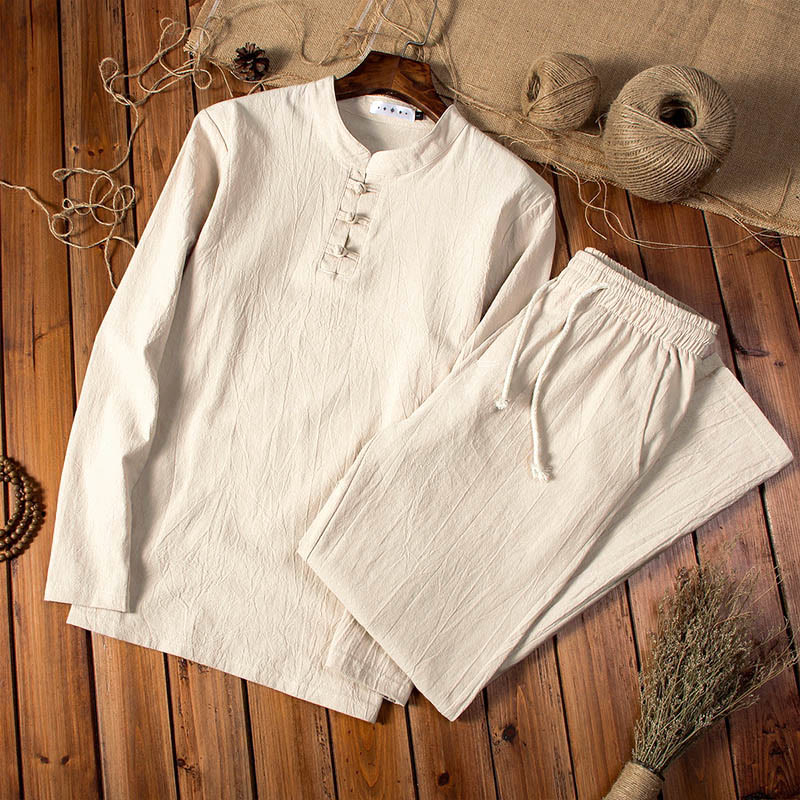 Buddha Stones Pure Color Cotton Linen Long Sleeve Top Pants Clothing Men's Set