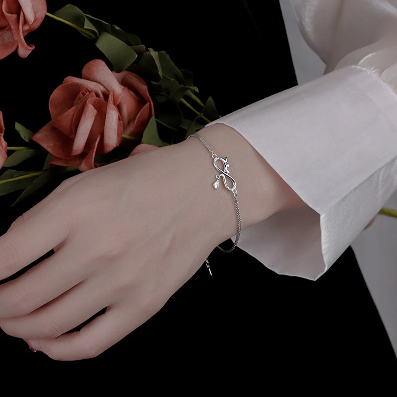 Buddha Stones Year Of The Dragon 999 Sterling Silver Zircon Endless Knot Tail Charm Luck Protection Bracelet (Extra 30% Off | USE CODE: FS30)