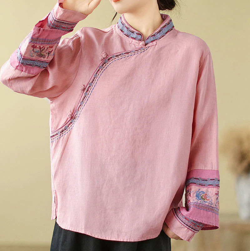Buddha Stones Embroidered Slanted Buttons Cotton Linen Women's Shirt