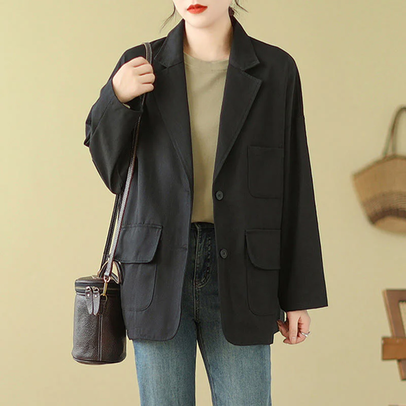 Buddha Stones Plain Women's Cotton Suit Jacket With Pockets