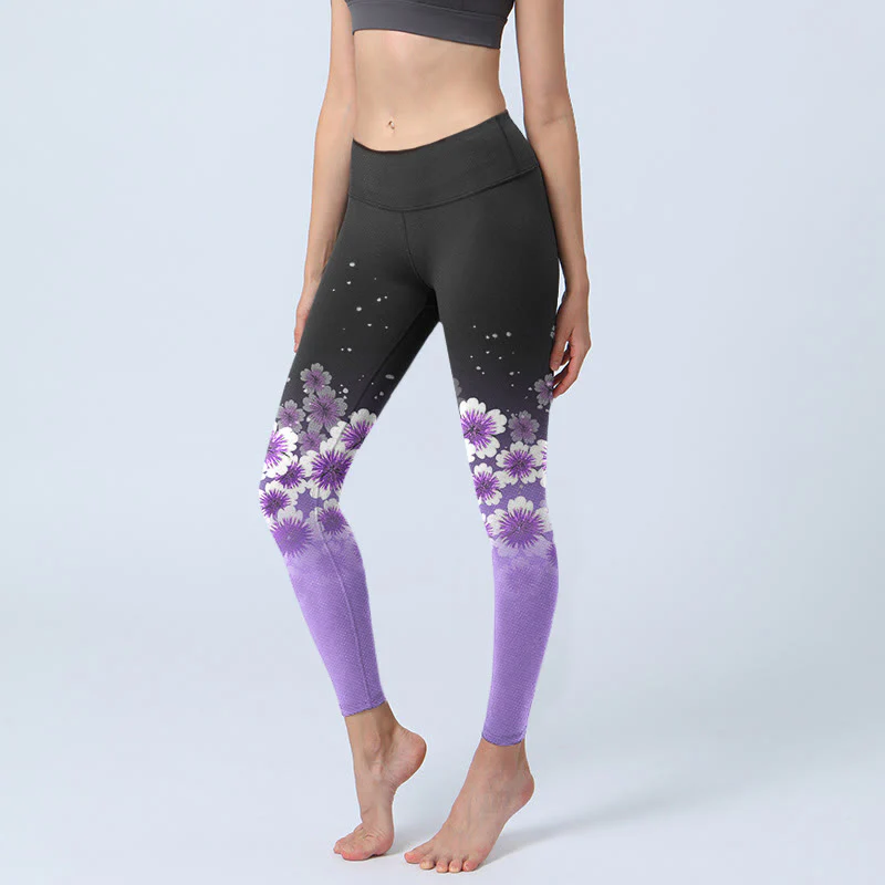 Buddha Stones White Purple Cherry Blossom Pattern Print Gym Leggings Women's Yoga Pants