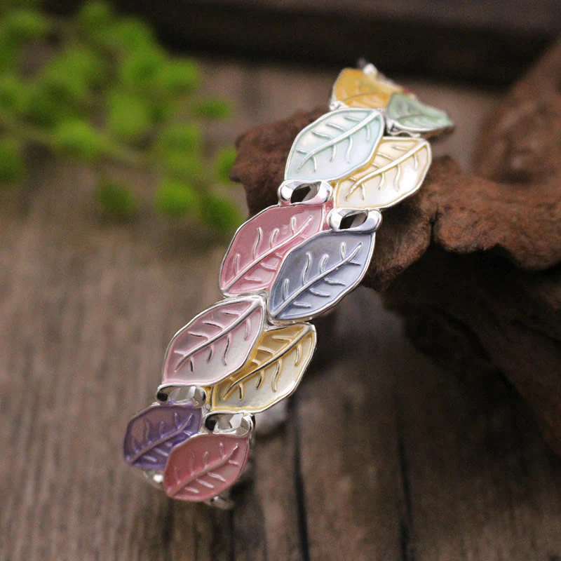 Buddha Stones Colorful Leaves Alloy Luck Elastic Bracelet Bangle