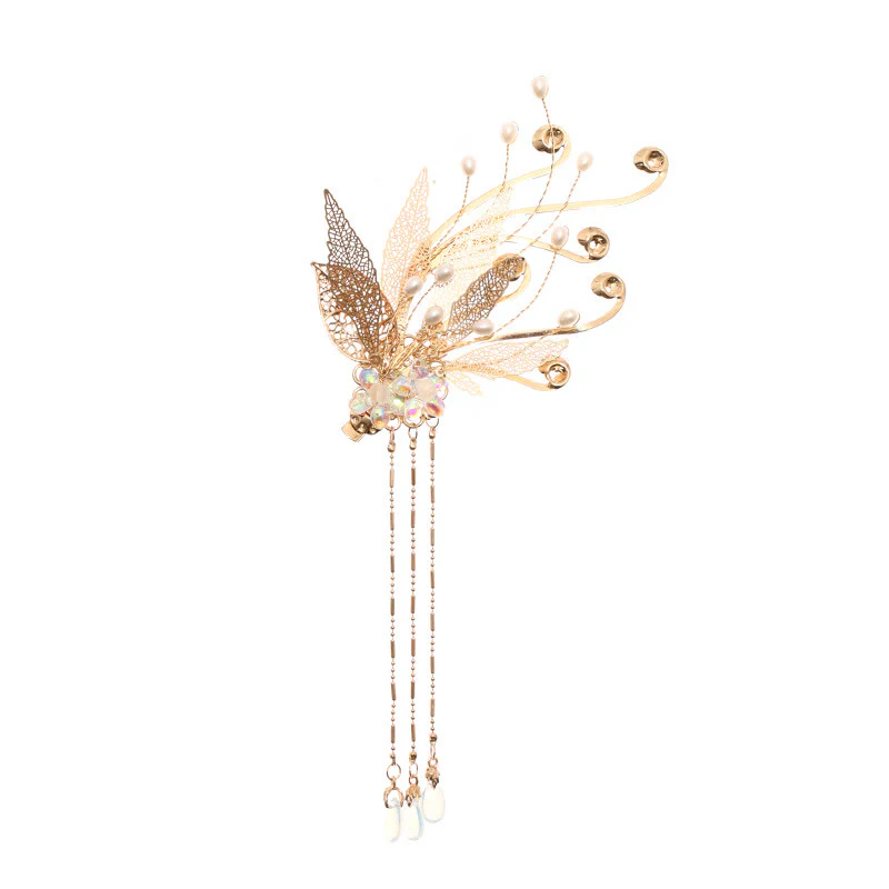 Buddha Stones Traditional Chinese Golden Leaf Flower Tassel Hair Clip