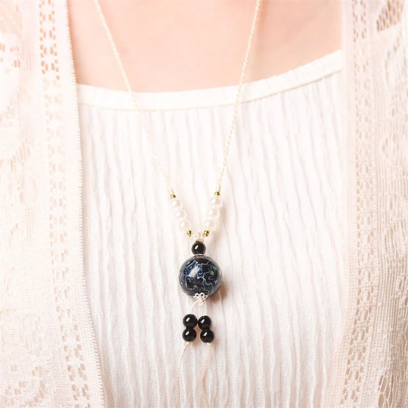 Buddha Stones Ebony Wood Aurora Lacquer Craft Bead Pearl Balance Necklace Pendant
