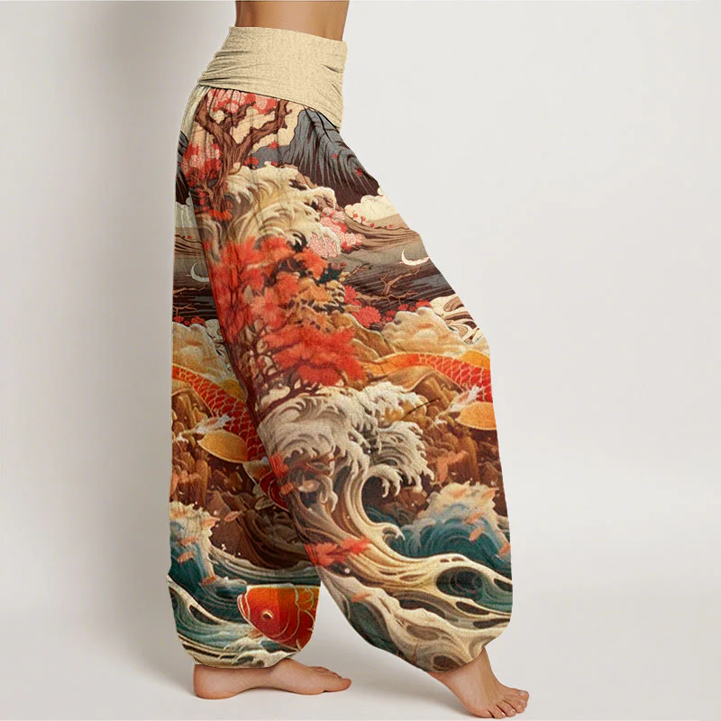 Buddha Stones Casual Blossoming Tree Koi Fish Wave Mountain Pattern Women's Elastic Waist Harem Pants