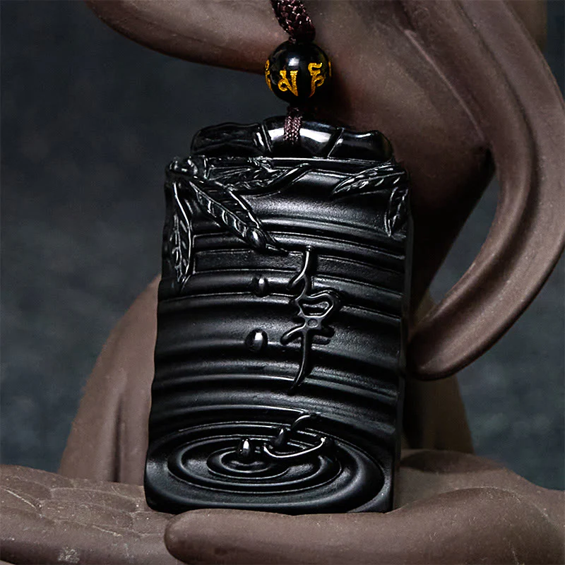 Buddha Stones Natural Black Obsidian Bamboo Fulfillment Necklace Pendant