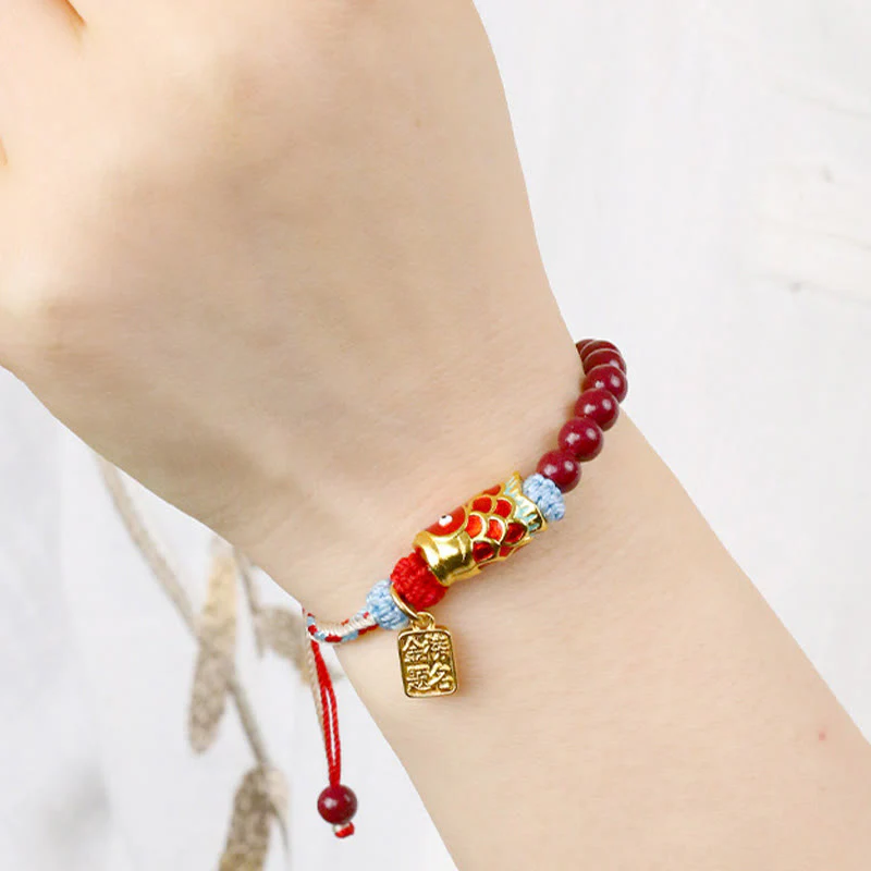 Buddha Stones Cinnabar Beads Lucky Koi Fish Blessing Bracelet