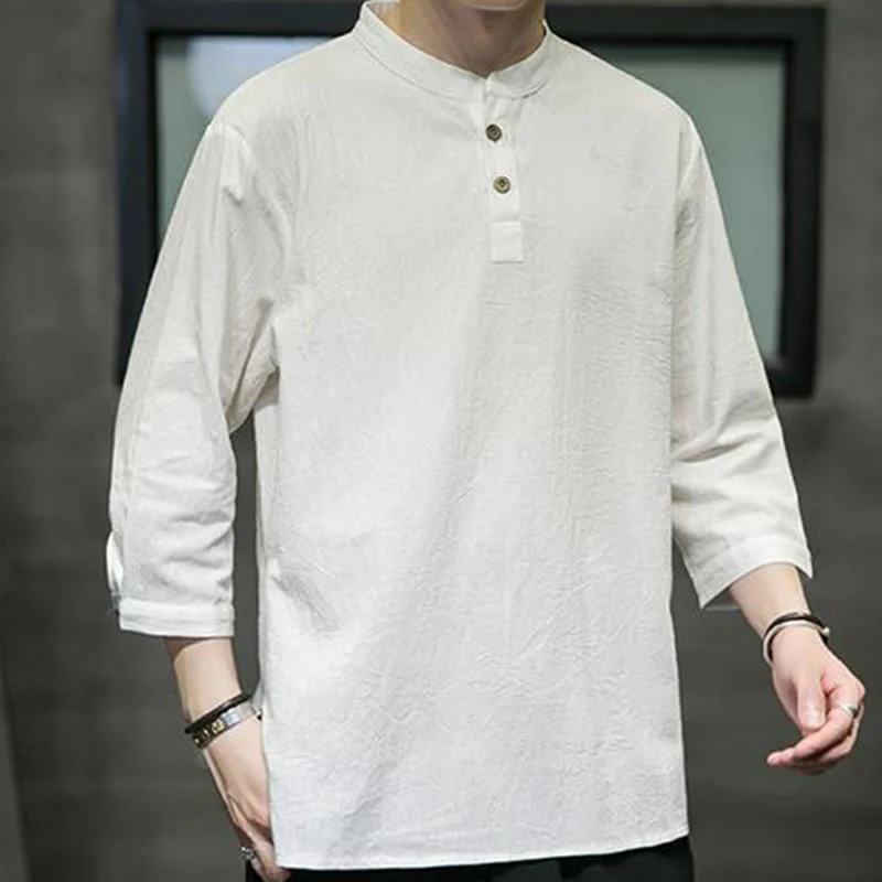 Buddha Stones Vintage Causal Pure Color Stand Collar Men's Three Quarter Sleeve Cotton Linen Shirt