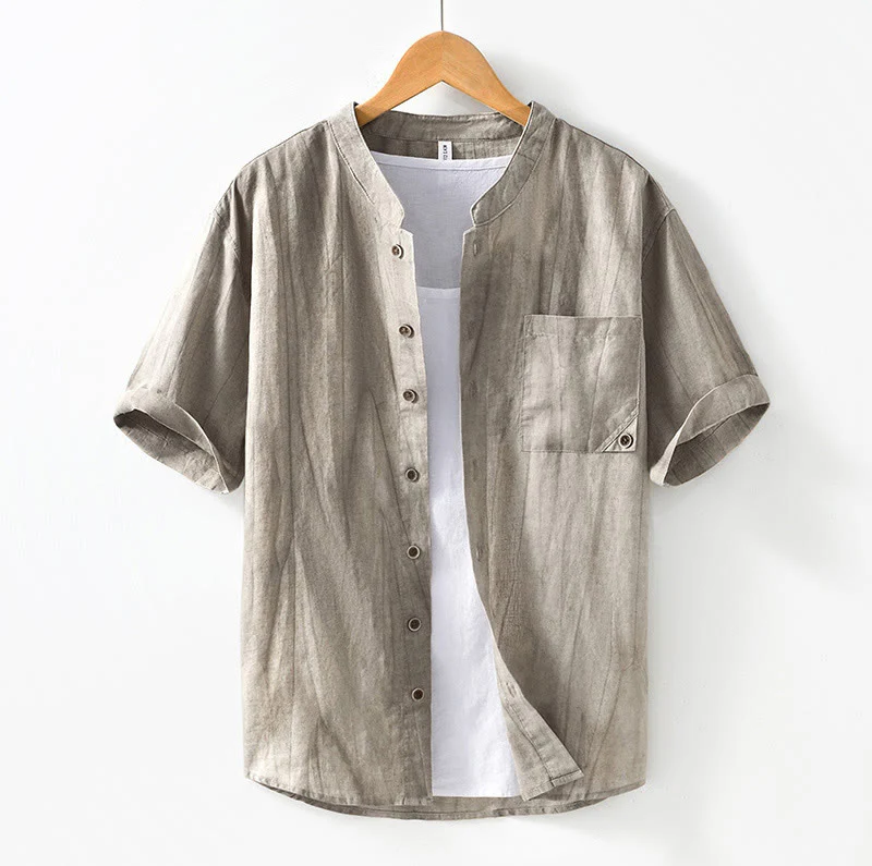 Buddha Stones Summer Buttons Short Sleeve Ramie Linen Cotton Men's Shirt