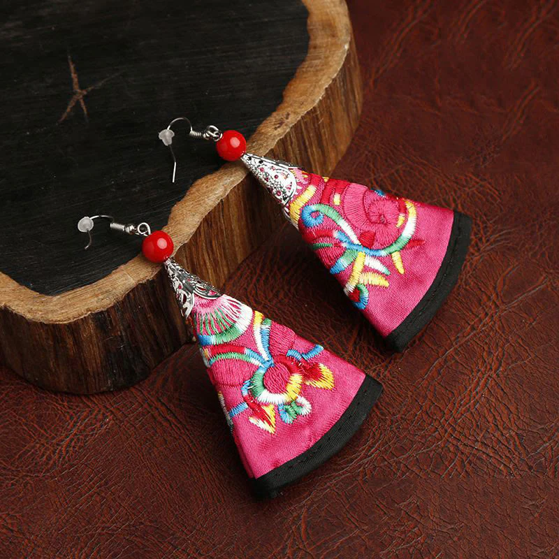 Buddha Stones Handmade Fan-shaped Yi Embroidery Harmony Earrings