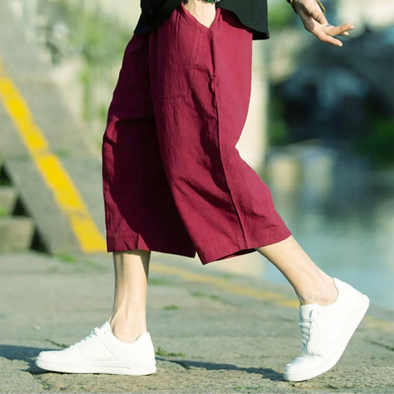 Buddha Stones Summer Plain Pleat Design Drawstring Men's 7-8 Length Cotton Linen Pants With Pockets