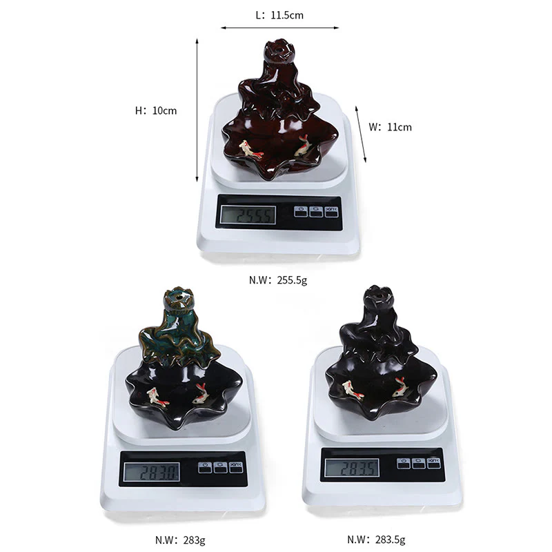 Buddha Stones Lotus Leaf Koi Fish Ceramic Backflow Smoke Fountain Peace Incense Burner Decoration