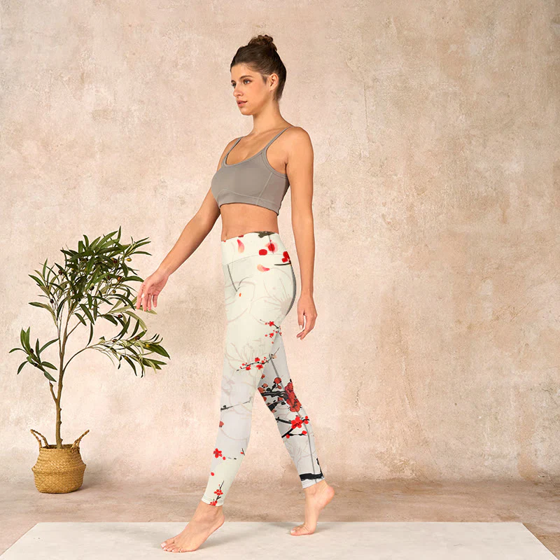 Buddha Stones Blooming Red Plum Blossoms Print Gym Leggings Women's Yoga Pants