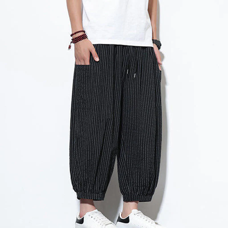Buddha Stones Casual Striped Men's Cotton 7-8 Length Harem Pants With Pockets