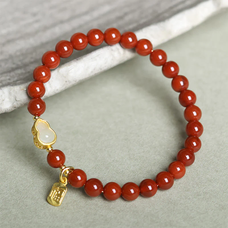 Buddha Stones Natural South Red Agate Hetian Jade Gourd Positive Bracelet