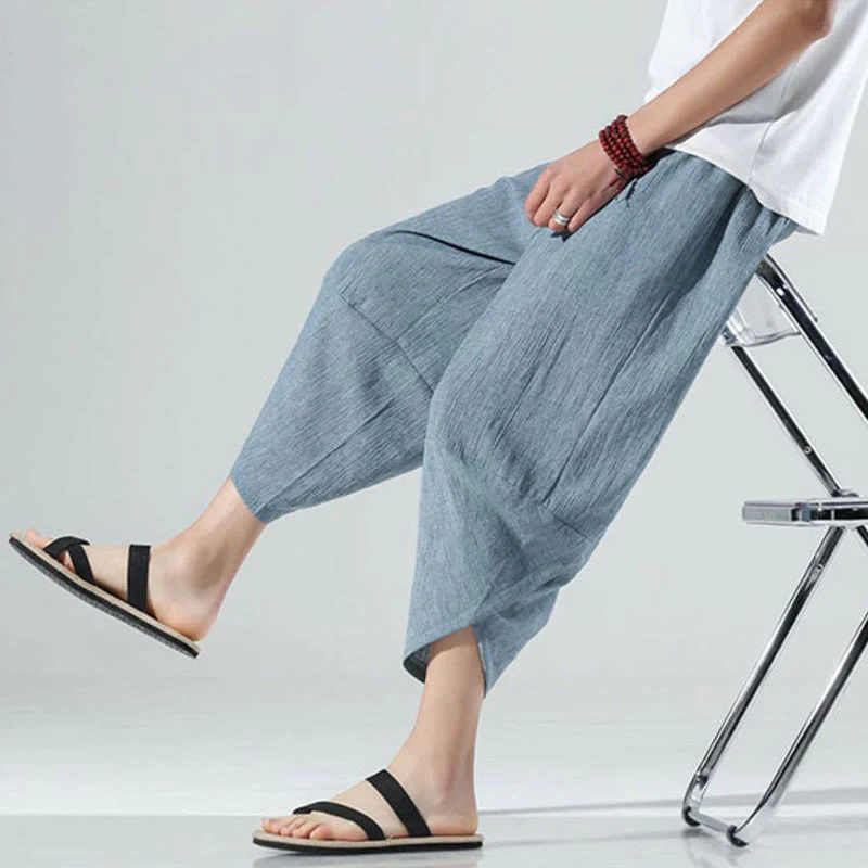 Buddha Stones Plain Simple Design Drawstring 7-8 Length Linen Men's Harem Pants With Pockets