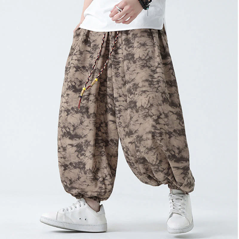 Buddha Stones Retro Casual Drawstring Design Floral Pattern Men's Harem Pants With Pockets